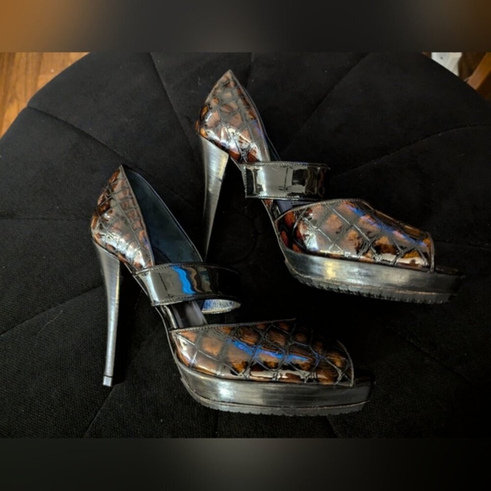 Laurel Exotic croc Skin Slingback Platform Peep Toe Heels EU 37 - Picture 2 of 16